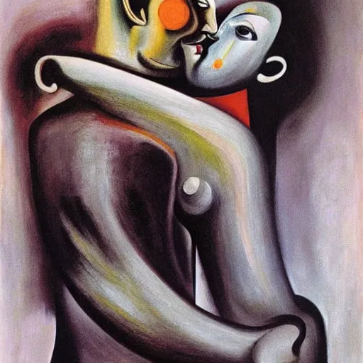 Image similar to Oil painting by Roberto Matta. Two mechanical gods kissing. Portrait by Marlene Dumas. Dali.