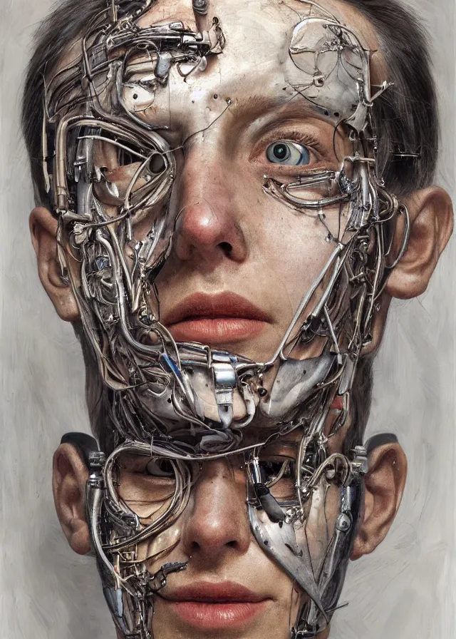 Image similar to cybernetic implants on face, metal jaw, usb port on forehead, portrait by jenny saville