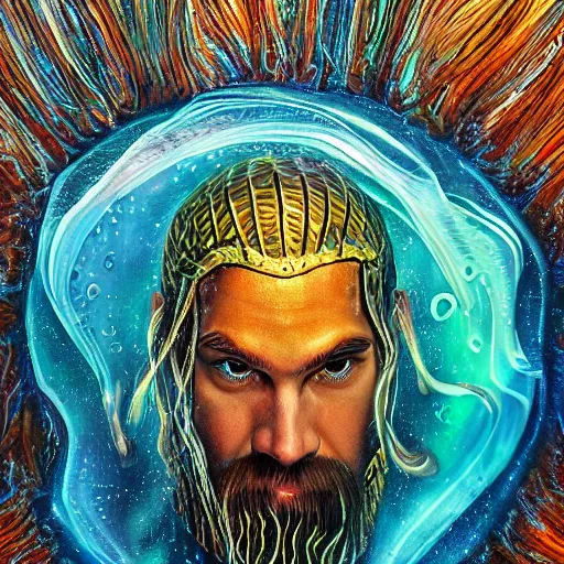 Image similar to intricate five star portrait of aquaman as a jellyfish man, oil on canvas, hdr, high detail, photo realistic, hyperrealism, matte finish, high contrast, 3 d depth, centered, masterpiece, grain and gentle colors, enhanced light effect, enhanced eye detail, artstationhd