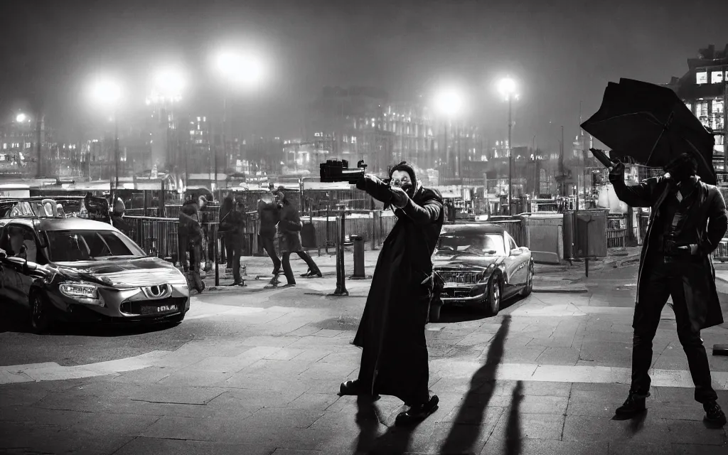 Image similar to One man in a trenchcoat shooting at a shadow monster with a pistol in a parisian street at night. Two cars are drifting around the monster with their lights on. Paris' Gare du Nord train station is visible in the background. 4k, dynamic, pulp, studio lighting, cinematic composition, HDR, colorfull, very low angle shot, (fish eye).