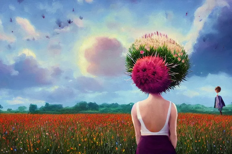 Prompt: thick thistle flower under head, a girl in a suit in field of flowers, surreal photography, sunrise, blue sky, dramatic light, impressionist painting, digital painting, artstation, simon stalenhag