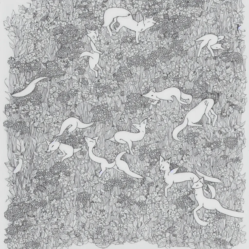 Image similar to foxes playing jumping in tranquillity garden ink drawing by james jean very fine linework
