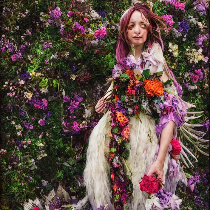 Image similar to a harpy wearing a cloak made of flowers, by Omar Z. Robles, CANON Eos C300, ƒ1.8, 35mm, 8K, medium-format print