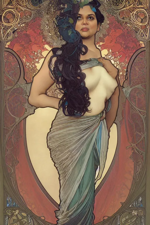 Prompt: hyper-realistic detailed full body portrait of attractive overweight, plus-sized Mindy Kaling in Sari by Alphonse Mucha, Ayami Kojima, Amano, Charlie Bowater, Karol Bak, Greg Hildebrandt, Jean Delville, and Mark Brooks, Art Nouveau, Neo-Gothic, gothic, iridescent deep colors