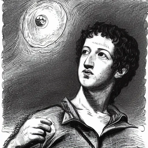 Image similar to portrait of a mark zuckerberg playing ping pong, gothic, cat eyes, hair waving in the wind, high detail, illustration by gustav dore