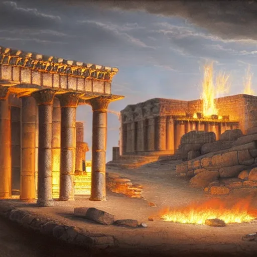 Image similar to a beautiful detailed and realistic matte painting of Herod’s Temple in Jerusalem aflame