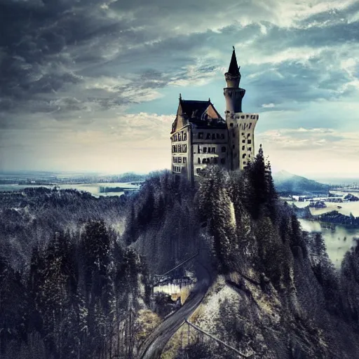 Image similar to ((Neuschwanstein)) in a !!! post-apocalyptic!!! landscape, cinematic, atmospheric, highly detailed, HDRI, 8k octane render, hyper realistic