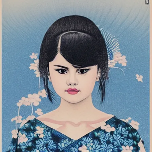 Image similar to “ selena gomez portrait by ikenaga yasunari and ayana otake and ko rakusui, 6 0 s poster, drawing, realistic, sharp focus, japanese, dreamy, nostalgia, faded, golden hues, floral clothes ”