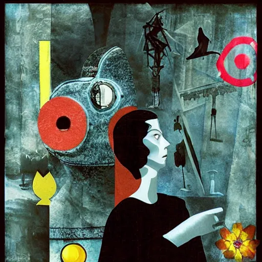 Prompt: a naive woman with a memory that survives the reset of the world, and a small robot bird on her shoulder, collage artwork by dave mckean and roberto matta