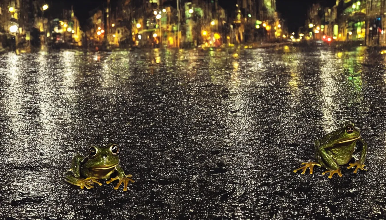 Image similar to real photo, night, rain, modern street, light, close up the wet frog on wet road