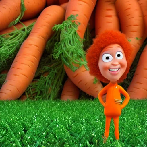 Image similar to carrot top with photorealistic carrot head!!!!, pixar character, stage background, pixar, 3 d,