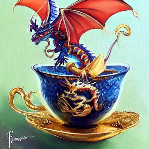 Image similar to tiny jeweled dragon sitting in a teacup, painting by artgerm