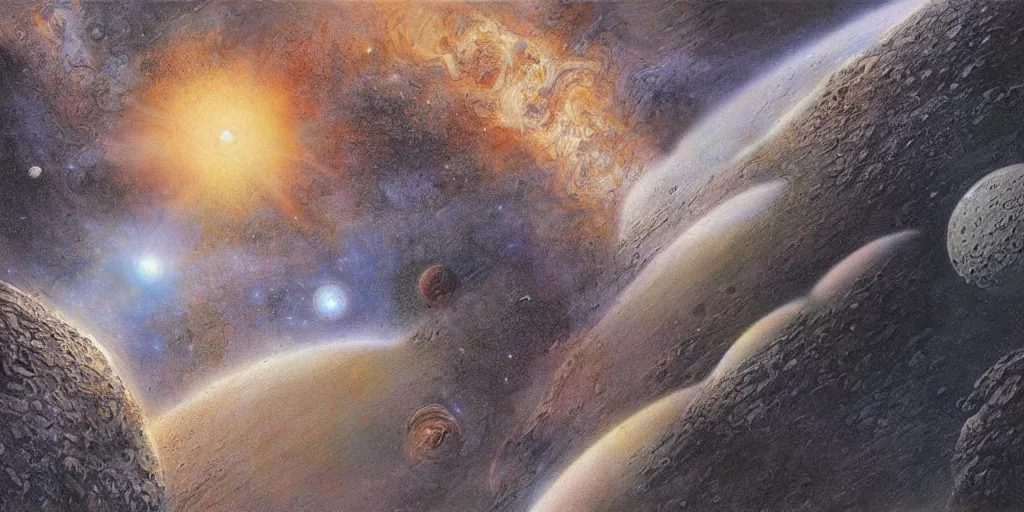 Image similar to Artwork by John Howe of the cinematic view of the Slow wave of the Astro-Asteroid System by John Howe.