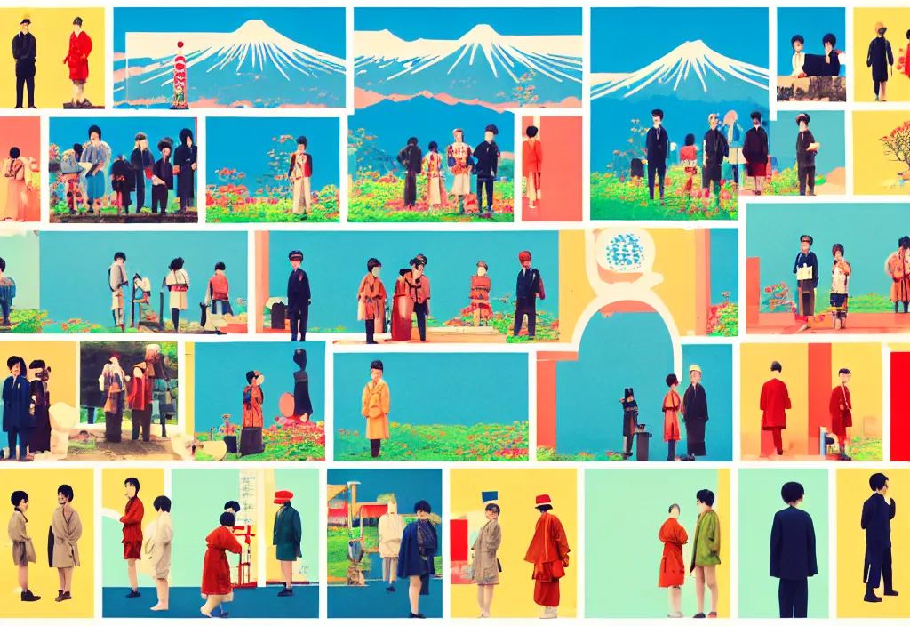 Image similar to full frame, a row of a few european tourists standing with a variety of poses and props, [ several ] character designs, ( rural japan ) a collage painting, in the style of wes anderson, lola dupre, david hockney, [ isolated on negative white space background ] dark monochrome neon spraypaint accents volumetric octane render