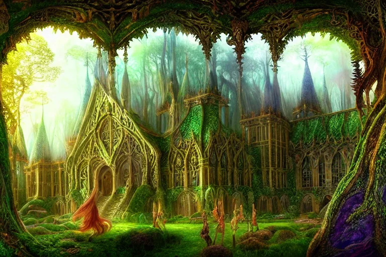 Prompt: a beautiful and highly detailed digital painting of an elven palace in a beautiful mystical forest, faerie realm, psychedelic patterns, celtic designs, intricate details, epic scale, hyperdetailed, artstation, cgsociety, 8 k, sharp focus, by caspar friedrich, albert bierstadt, james gurney, brian froud,