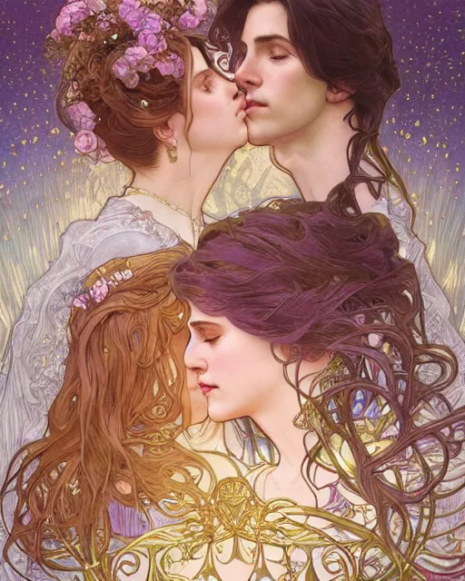 Prompt: the kiss | highly detailed | very intricate | art nouveau | gold filigree | romantic storybook fantasy | soft cinematic lighting | award - winning | professional portraiture | disney concept art watercolor illustration by mandy jurgens and alphonse mucha and alena aenami | pastel color palette | featured on artstation