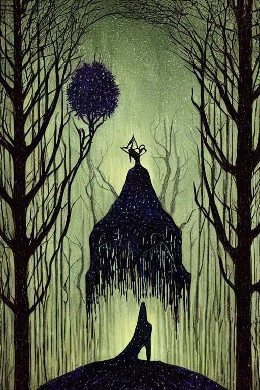 Image similar to tarot card, haunted woods, Art nouveau, by andy kehoe