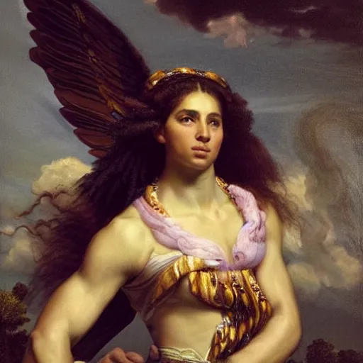 Image similar to Portrait of Serena Williams as Nike Goddess, large wings, luxuriant, dreamy, eternity, romantic, strong pose, highly detailed, in the style of Franz Xaver Winterhalter, highly detailed, in the style of Aetherpunk