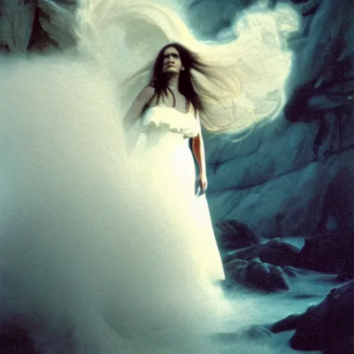 Image similar to 1 9 7 0's artistic spaghetti western movie, a woman in a giant billowy wide flowing waving dress made out of white smoke, standing inside a dark western rocky scenic landscape, volumetric lighting, backlit, moody, atmospheric