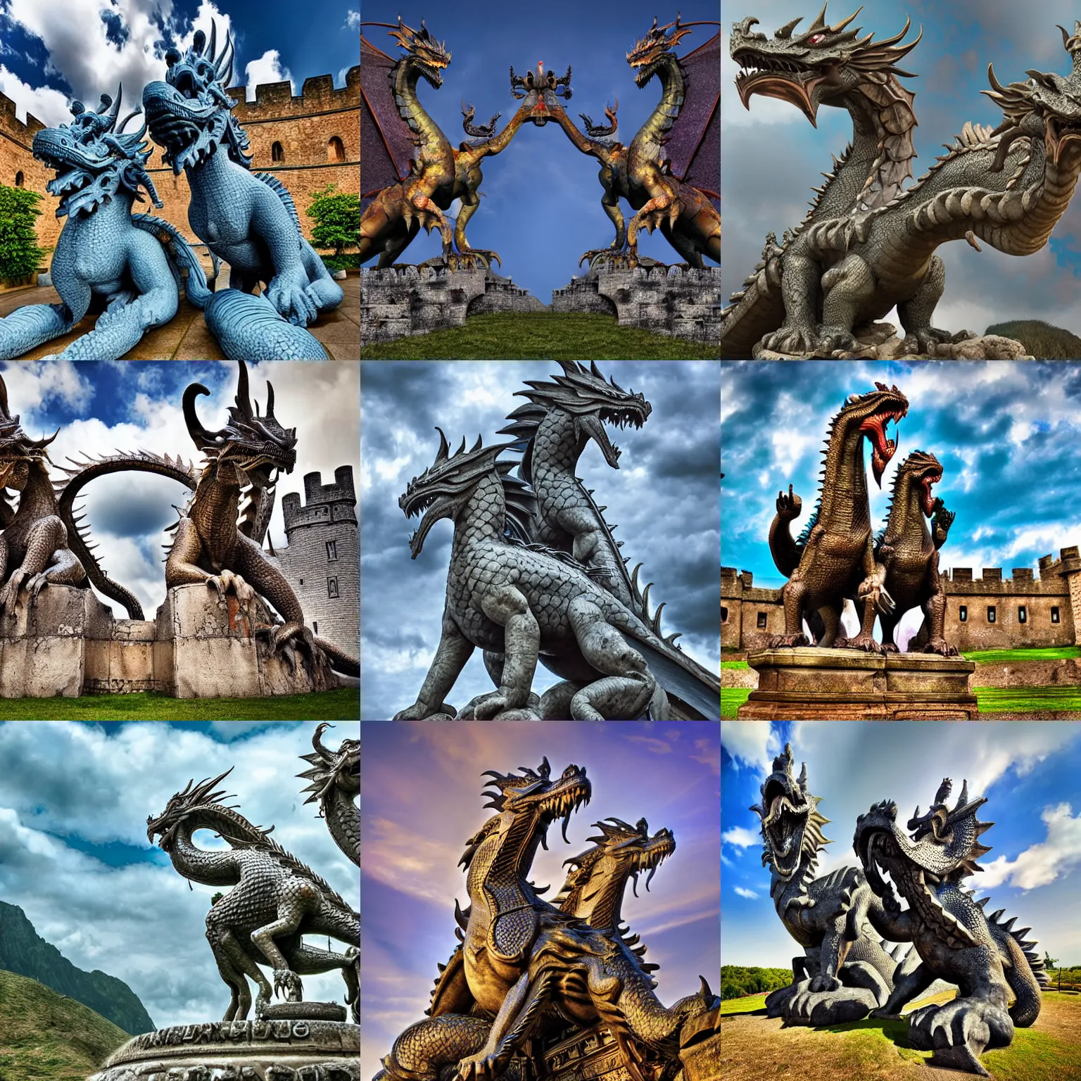 Prompt: two dragon statues in front of a fortress, digital art, wide angle shot