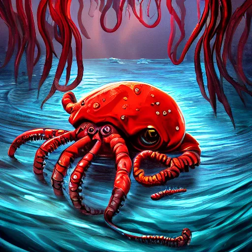 Image similar to lovecraftian 🦞🦀, digital painting, concept art, dramatic, trending on artstation, deviantart