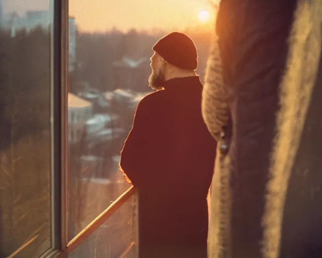 Image similar to 4 0 years russian man with beard and sweater standing on small hrushevka 9 th floor balcony in taiga looking at sunset, award - winning lomographic tarkovsky film still, kodak ektar, bokeh