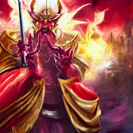 Image similar to a charismatic solid gold demon in a fantasy gambling den, red mist surrounding, studio gibli