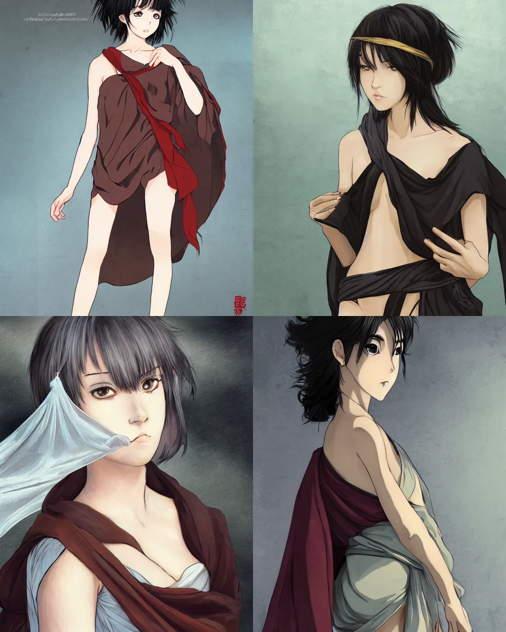 Prompt: A young woman with short dark hair, full body modelling in gauze bandages, cloth wraps, sarong, heavy cloak, serious expression, background of a darkened warehouse, detailed face, digital anime art, by Hayao Miyazaki