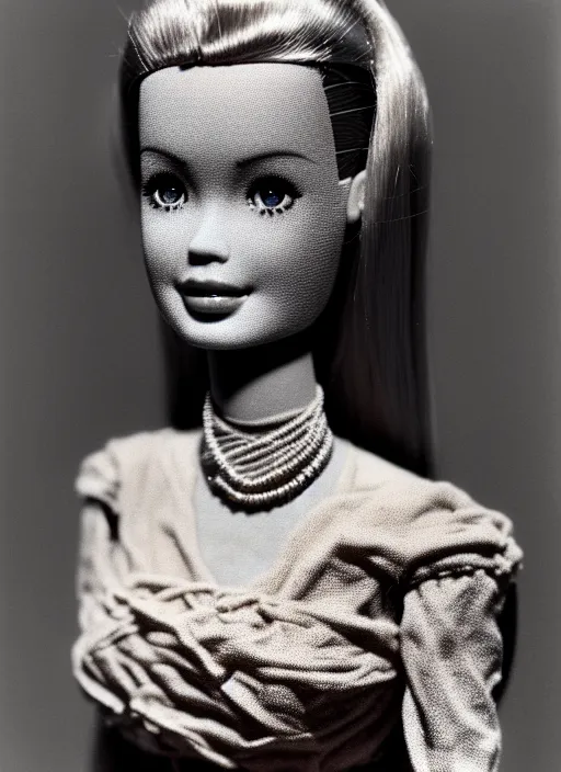 Image similar to realistic photo of a a barbie girl doll made of black brushwood, greyscale grain 1 9 6 0, life magazine photo, natural colors, metropolitan museum, kodak