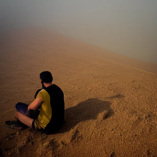 Image similar to man sitting on top peak mountain looking at huge vast sandstorm dust tornado desert