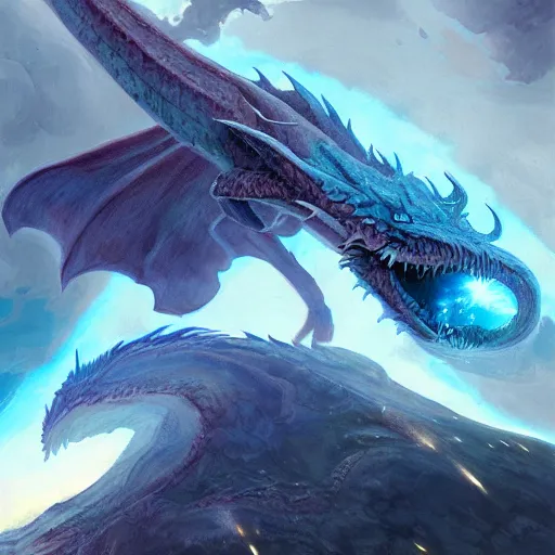 Image similar to Gigantic blue scaled dragon devouring an earth like planet while flying in space, sun system, behemoth, leviathan, nebula, oil painting, by Fernanda Suarez and Edgar Maxence and Greg Rutkowski