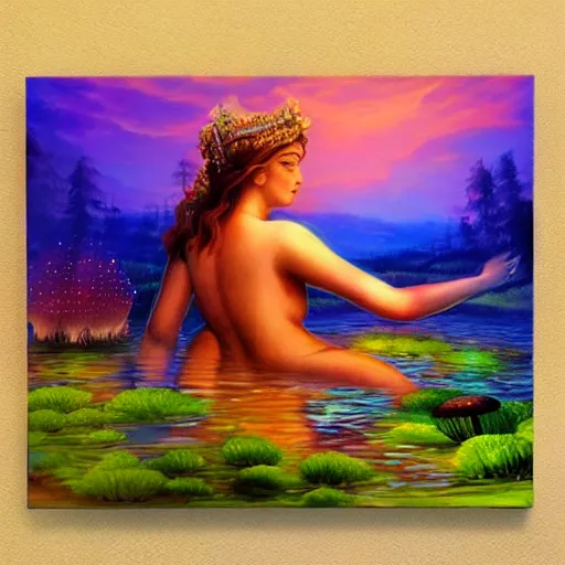 Image similar to goddess of mushrooms bathing in the glowing lake, fantasy painting