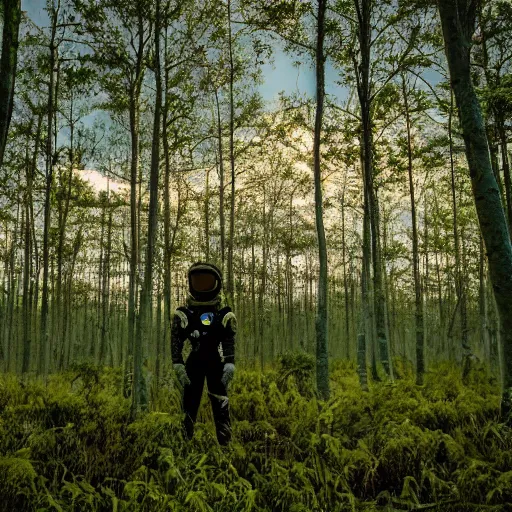 Image similar to An astronaut exploring a green swamp in an alien planet at golden hour