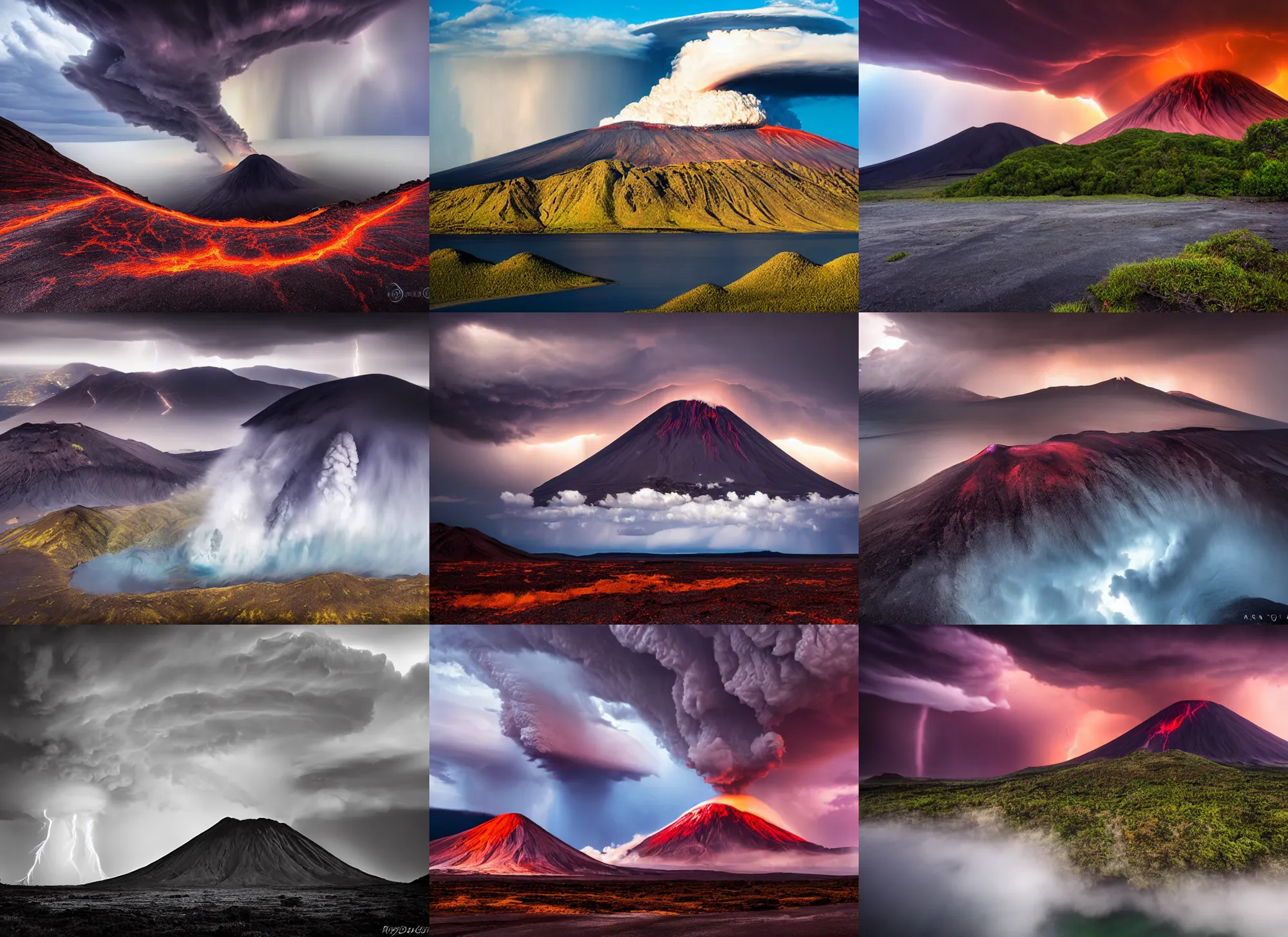 Prompt: a dramatic landscape photo by ryan dyar of a volcano and thunderstorm, highly detailed, 8 k