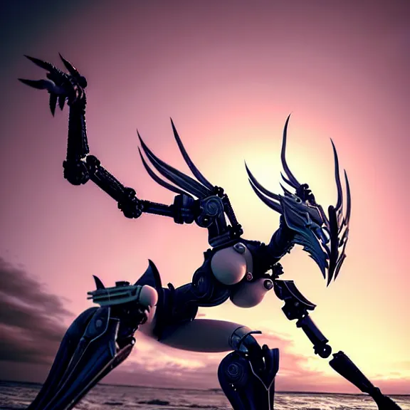 Prompt: looking up at a highly detailed 300 foot tall giant elegant exquisite beautiful stunning valkyr female warframe, as an anthropomorphic robot dragon, posing elegantly over your tiny form, detailed legs looming over you, camera on the ground, at the beach on a sunset, sleek streamlined design, matte black armor with pink accents, sharp detailed claws, detailed sharp robot dragon feet, worms eye view in front of giantess, giantess shot, camera close to the legs, upward shot, ground view shot, leg shot, front shot, epic cinematic shot, high quality warframe fanart, captura, realistic, professional digital art, high end digital art, furry art, giantess art, anthro art, DeviantArt, artstation, Furaffinity, 8k HD render, epic lighting