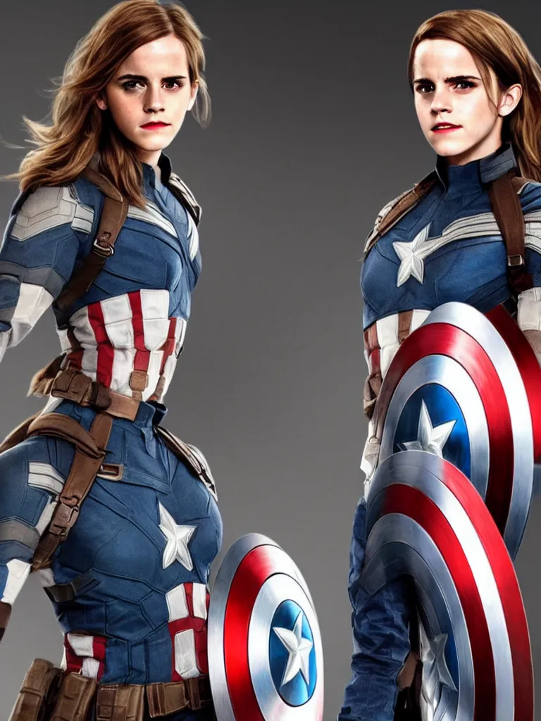 Image similar to emma watson as captain america, hyper realistic