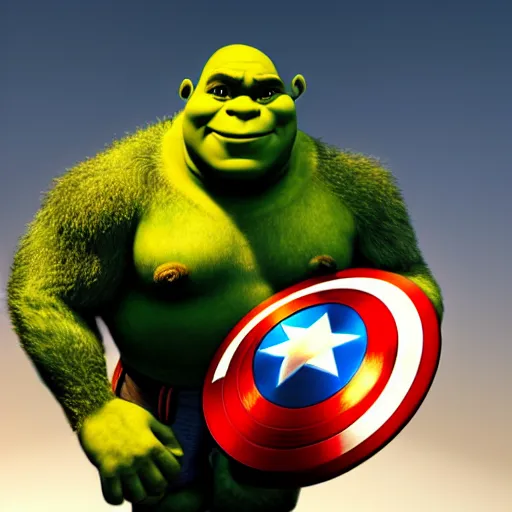 Image similar to digital painting of Shrek as Captain America, octane render, volumetric lightening, by marvel