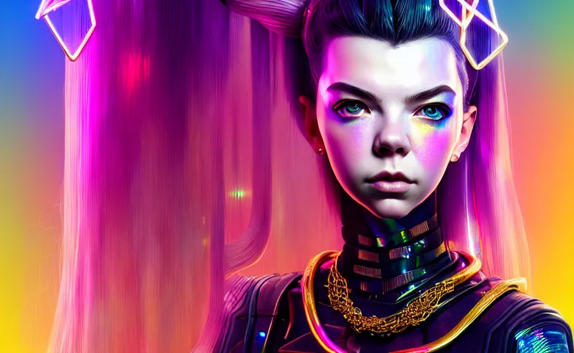 Prompt: hyperdetailed portrait of a stunningly beautiful cyberpunk cutie anya taylor joy made of iridescent metals and shiny pink gems, bright rainbow nimbus, gold necklace, gold background inspired by ross tran and masamune shirow and kuvshinov, intricate, photorealistic, octane render, rtx, hdr, unreal engine, dnd digital art by artgerm