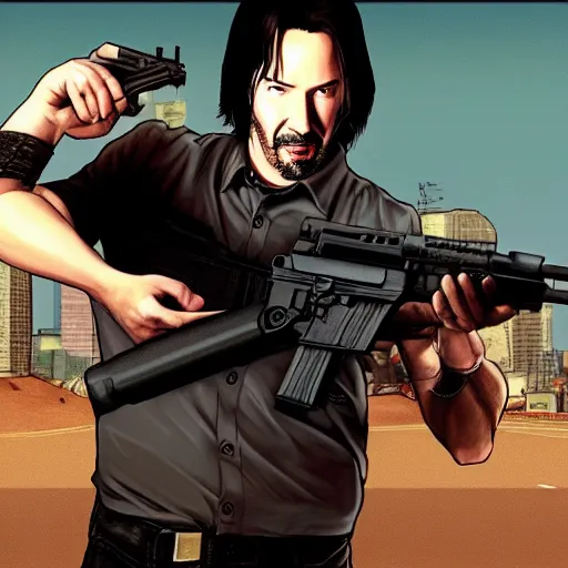 Image similar to Full body portrait of Keanu Reeves holding M-16 machine gun, GTA San Andreas Loading Screen, 4k