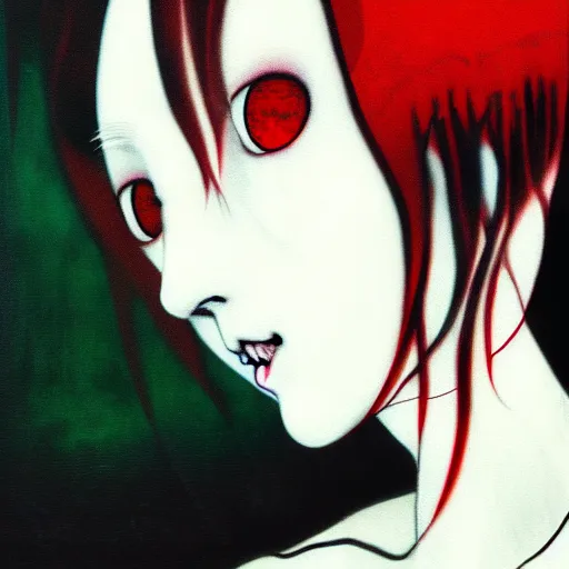 Image similar to yoshitaka amano blurred and dreamy realistic three quarter angle horror portrait of a sinister young woman with short hair, horns and red eyes wearing office suit with tie, junji ito abstract patterns in the background, satoshi kon anime, noisy film grain effect, highly detailed, renaissance oil painting, weird portrait angle, blurred lost edges