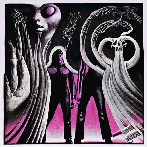 Image similar to post - punk new age album cover, magic, apocalypse, psychedelic, black white pink, magic, giger h. r.