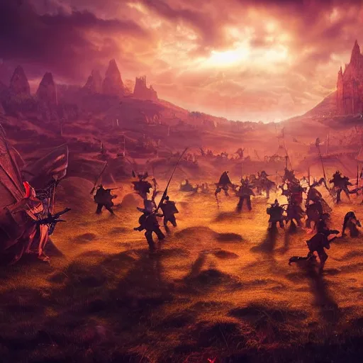 Prompt: epic battlefield of thousands of smurfs with medieval weapons battling, red moon shining golden red light hidden behind clouds, miniaturecore, supremely digital, medieval, unreal engine, super detailed, outstanding detail, dreamlike lighting, surrealistic lighting, god rays