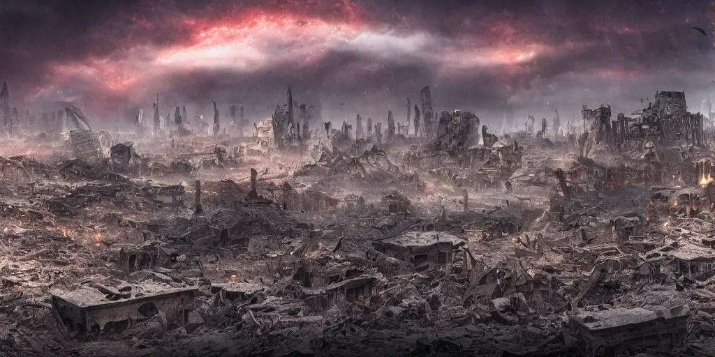 Prompt: a vast destroyed city after a battle with a dark red sky