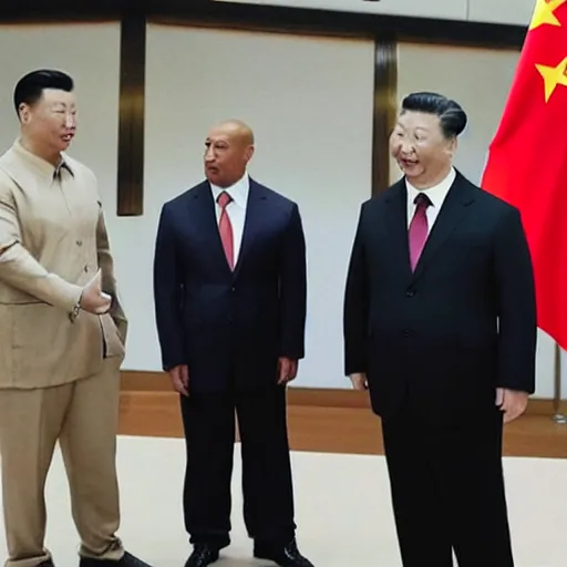 Prompt: chinese dwayne johnson and chinese elon musk chat with xi jinping.