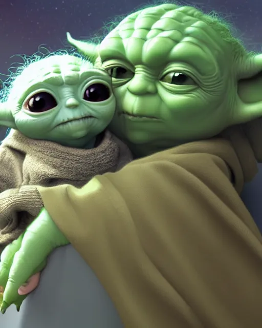 Prompt: an adorable portrait of yoda and grogu, baby yoda sleeping comfortably next to yoda, in the style of pixar, photorealistic, 4 k, high resolution