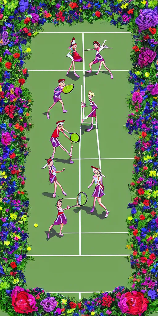 Image similar to Two elves playing tennis on a tennis court made of flowers, digital art