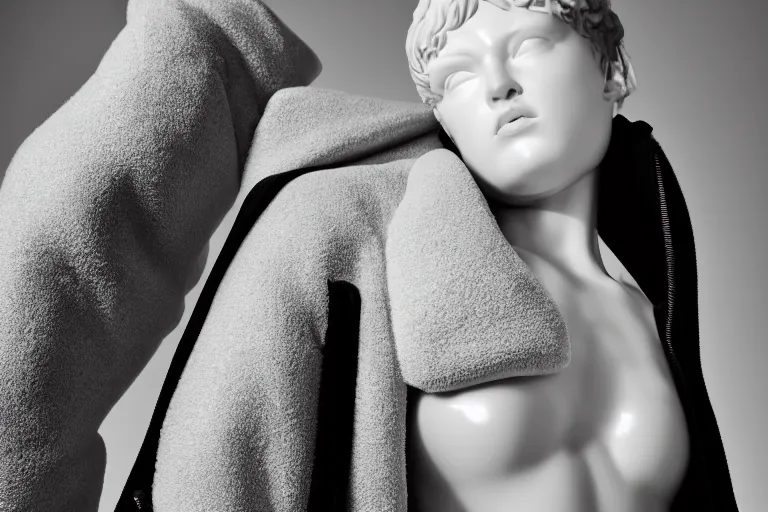 Image similar to well lit fashion shoot portrait of extremely beautiful female marble statue wearing huge over size puffer jacket by rei kawakubo, haute couture, comme de garcon, balenciaga, sharp focus, clear, detailed,, cinematic, detailed, black, glamorous, symmetrical, vogue, editorial, fashion, magazine shoot, glossy