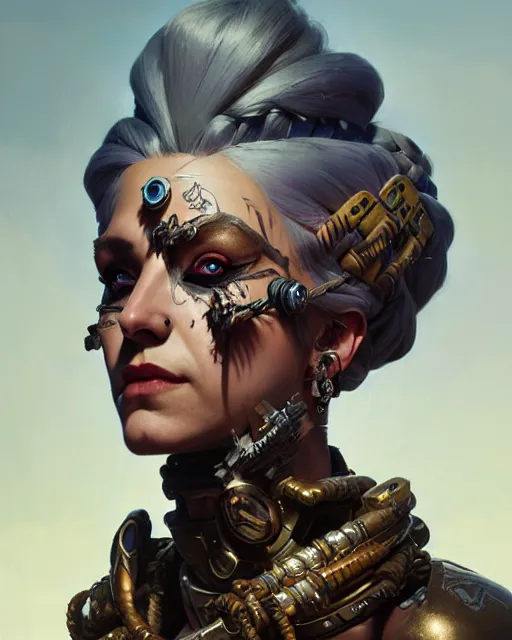 Prompt: junker queen from overwatch, war paint face, braids, character portrait, concept art, intricate details, highly detailed by greg rutkowski, michael whelan and gustave dore