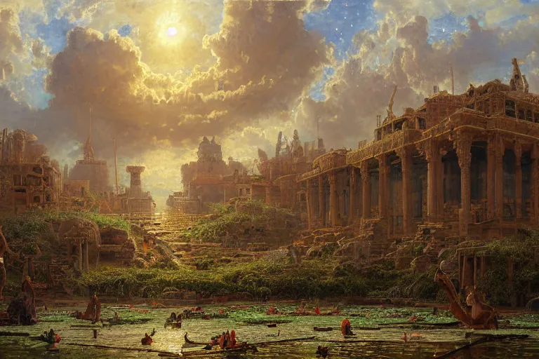 Image similar to detailed painting of a multiverse gateway in ancient mesopotamia in the middle of a sulphur lake, filigree ornaments, andreas achenbach, simon stalenhag