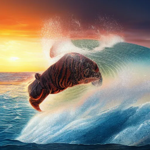 Image similar to a closeup photorealistic photograph of a happy tiger hippopotamus surfing a large wave during sunset. surf in the background. professional capture. brightly lit scene. this 4 k hd image is trending on artstation, featured on behance, well - rendered, extra crisp, features intricate detail, epic composition and the style of unreal engine.